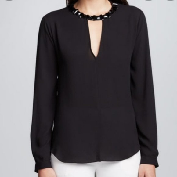 BCBGMaxAzria Open Back Jewel Beaded Embellished Georgette Blouse Black Size S - Picture 1 of 7